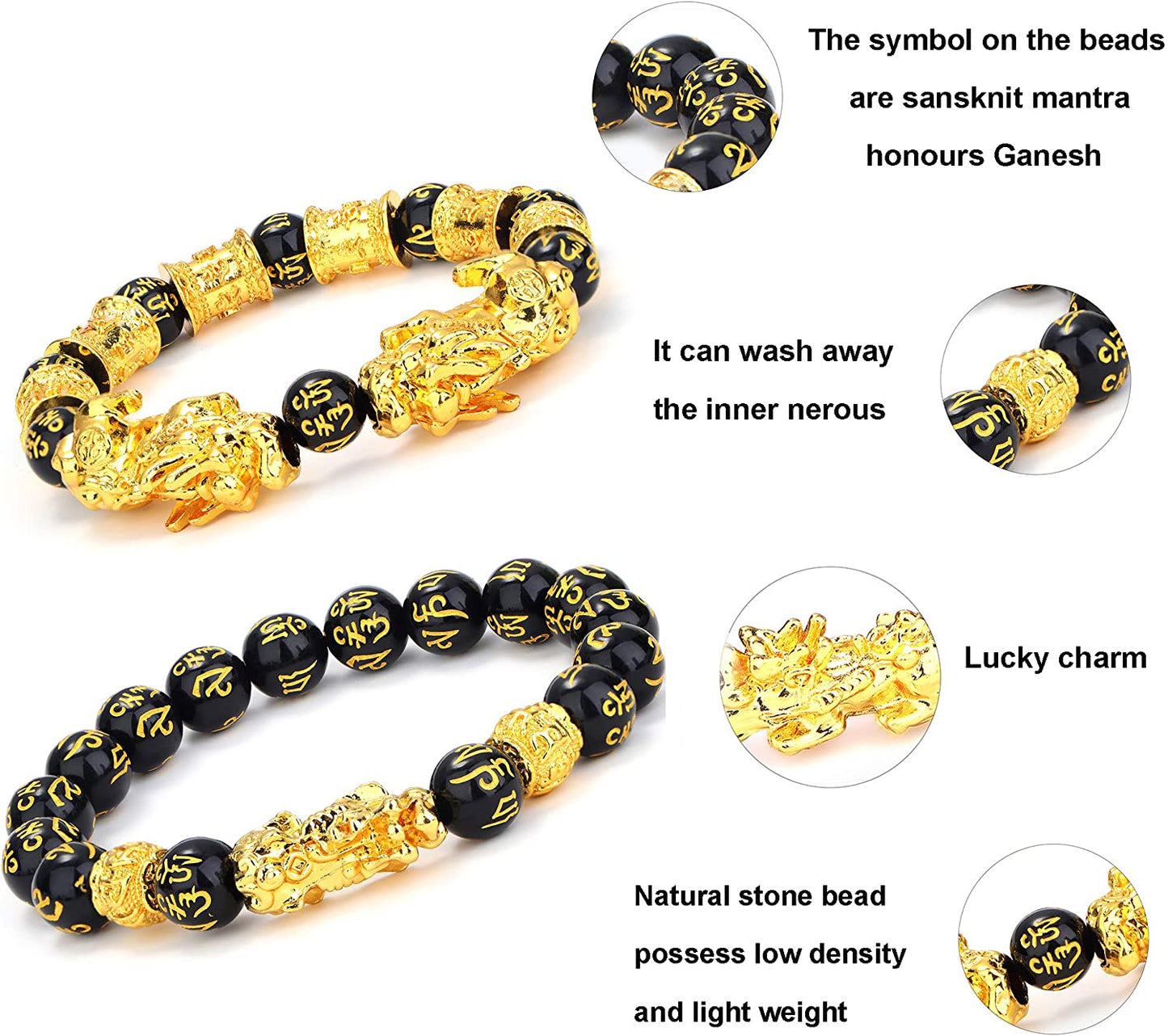 4 Pcs Feng Shui Black Obsidian Wealth Bracelet for Men Women Good Luck Charms Bead Bracelets Attract Wealth Money Adjustable Mens Pixiu Bracelet Set