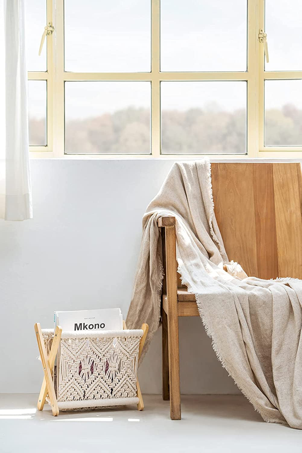 Macrame Magazine Rack Boho Magazine Holder Storage Standing Basket for Books, Newspapers, Swaddle Blanket, Living Room, Bathroom, Office, Nursery, Home Decor, Medium Size, 14’’L X 10’’W