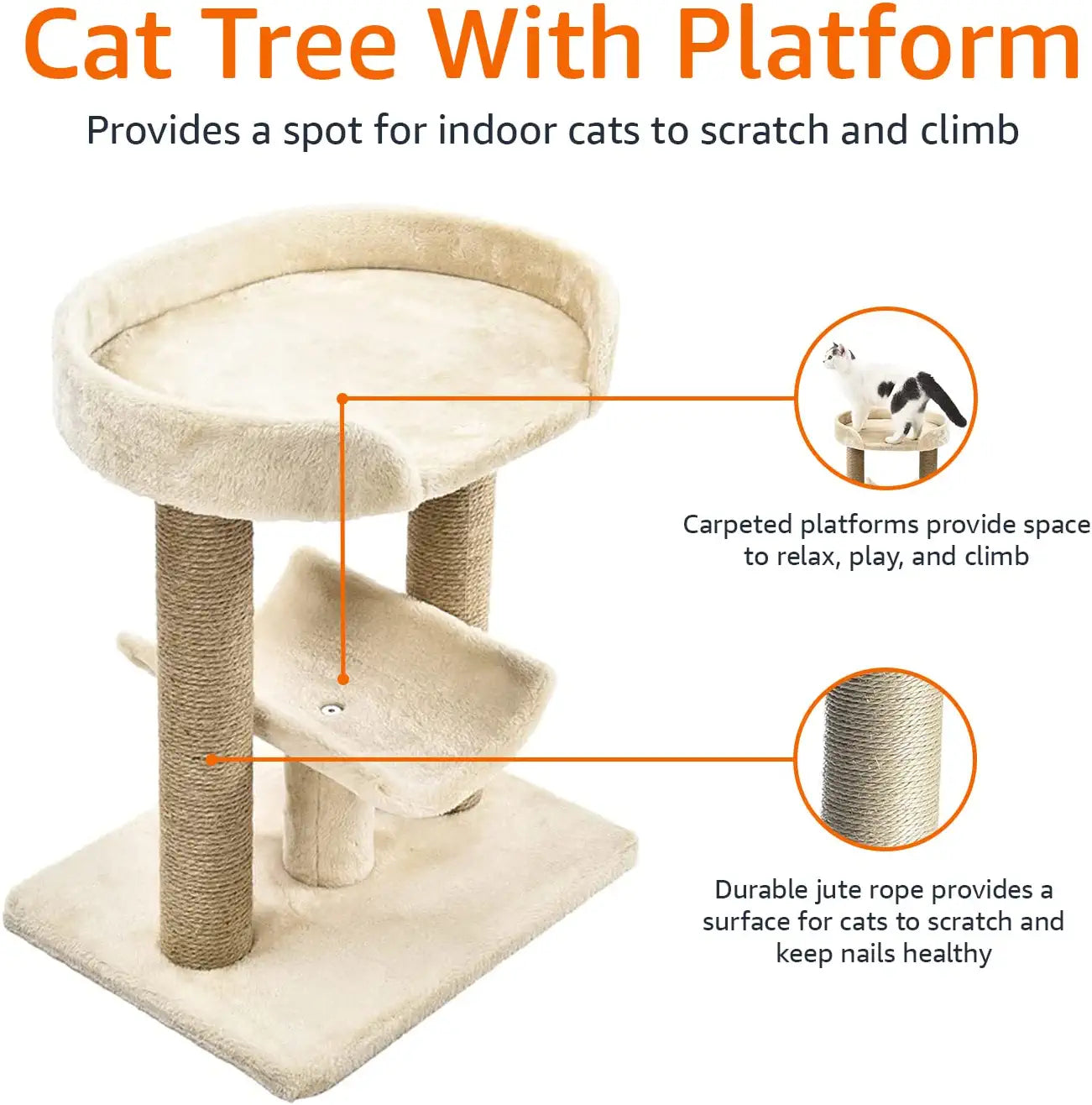 Top Platform Cat Tree with Scratching Post - 18 X 14 X 22 Inches, Beige