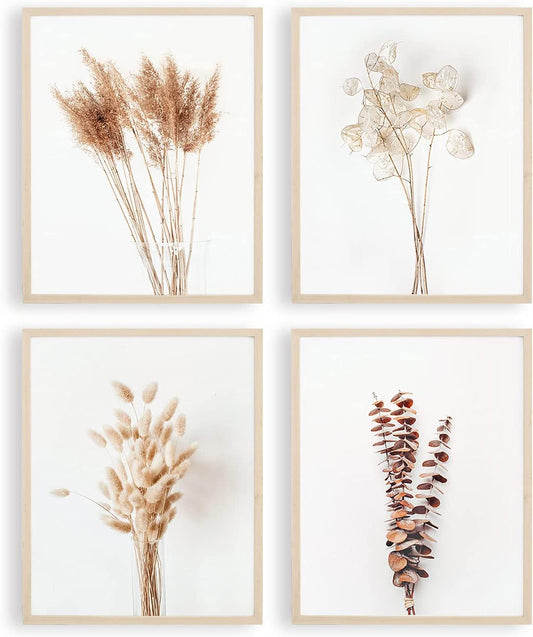 Boho Wall Art Modern Farmhouse Bathroom Decor Cute Pampas Grass Wall Decor Botanical Prints Beige Room Aesthetic Neutral Kitchen Bedroom Decor Set of 4(UNFRAMED 8X10In)