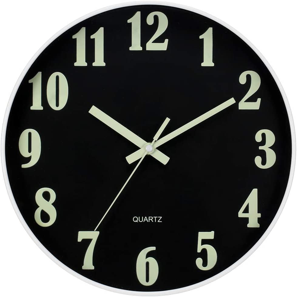 Modern Night Light Wall Clock, 12 Inch Silent Non-Ticking Quartz Wall Clocks, Large Luminous Function Numbers and Hands, Battery Operated Decorative Wall Clock for Office, Kitchen, Living Room
