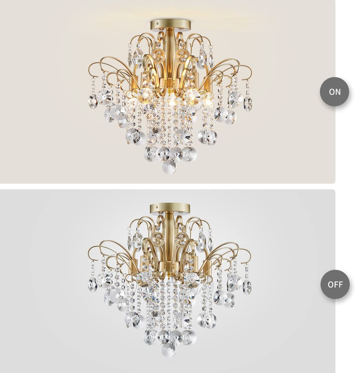 Crystal Chandelier Flushmount Ceiling Light Modern Lighting Fixture for Bedroom Hallway Bar Kitchen Bathroom, H 17.5'' X W 19.3'', E12 Base, Gold