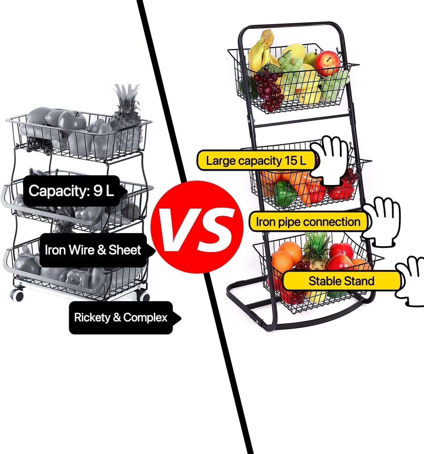 3 Tier Market Basket,Storage Basket Organizer, Fruit Vegetable Produce Metal Hanging Storage Bin for Kitchen,Bathroom Tower Baskets Stand