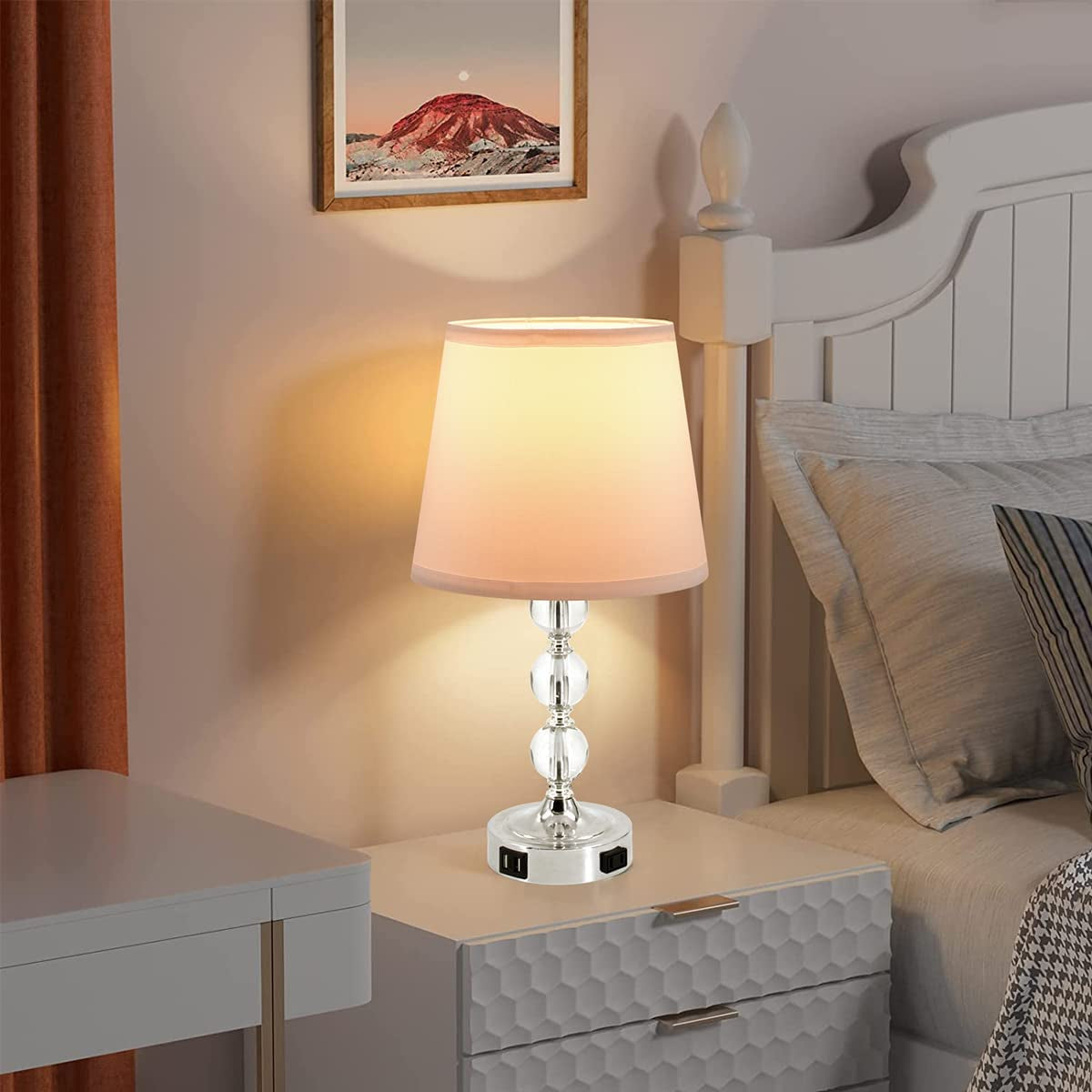 Table Lamp Set of 2, Bedside Touch Control Table Lamps for Bedroom Living Room, 3 Way Dimmable Nightstand Lamp with 2 USB Ports & AC Outlet, 2700K 9W Bulbs Included(Silver).