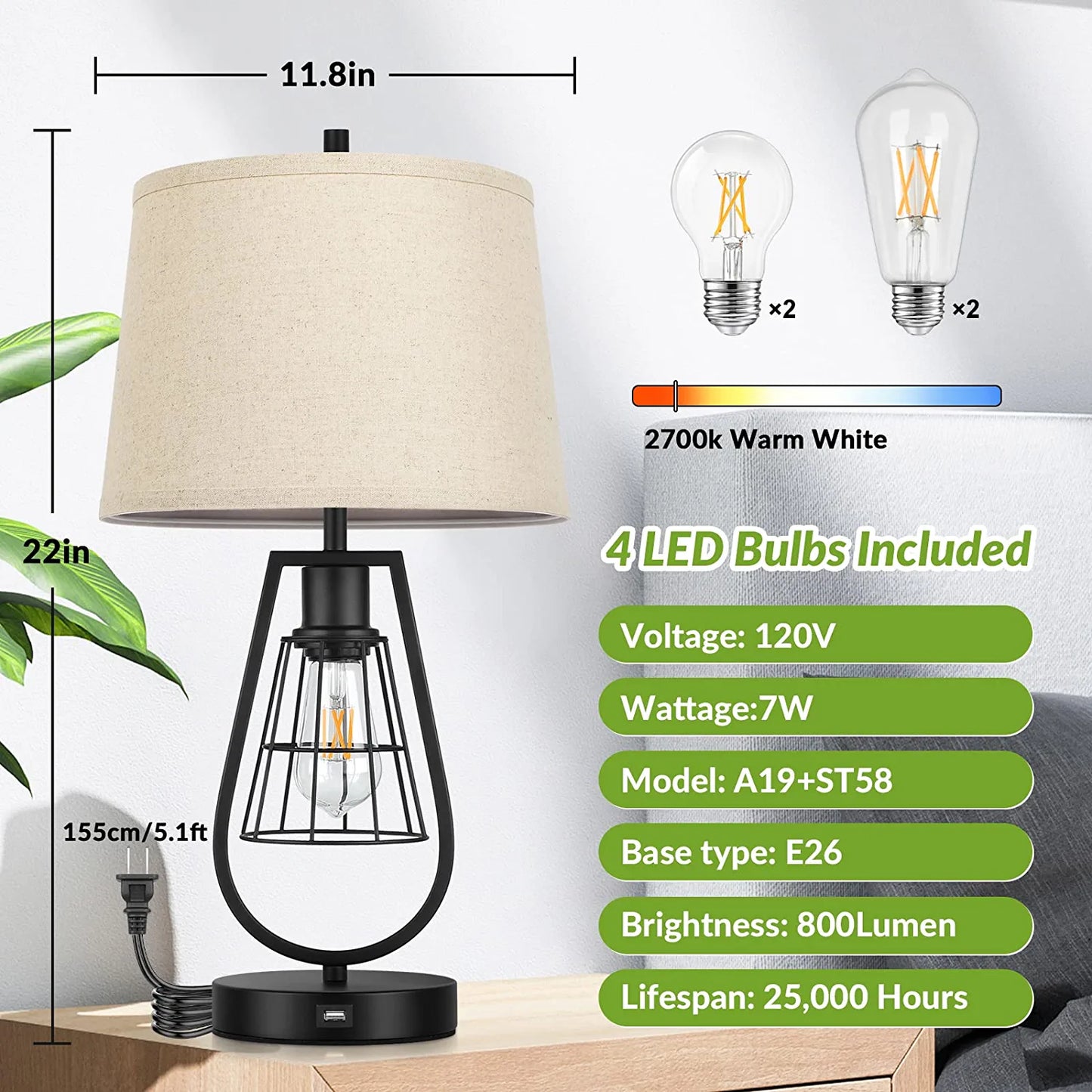Set of 2 Industrial Touch Control Table Lamps with USB Port, 3-Way Dimmable Farmhouse Bedside Nightstand 2-Lights Lamps for Bedroom Living Room Reading, Cream Fabric , Black Metal Base, Bulbs Included