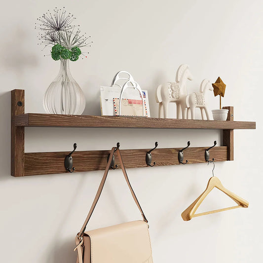 Wall Hooks with Shelf 28.9 Inch Length Entryway Wall Hanging Shelf Wood Coat Hooks for Wall with Shelf Wall-Mounted Coat Hook Rack with 5 Dual Hooks for Bathroom, Living Room, Bedroom (Brown )