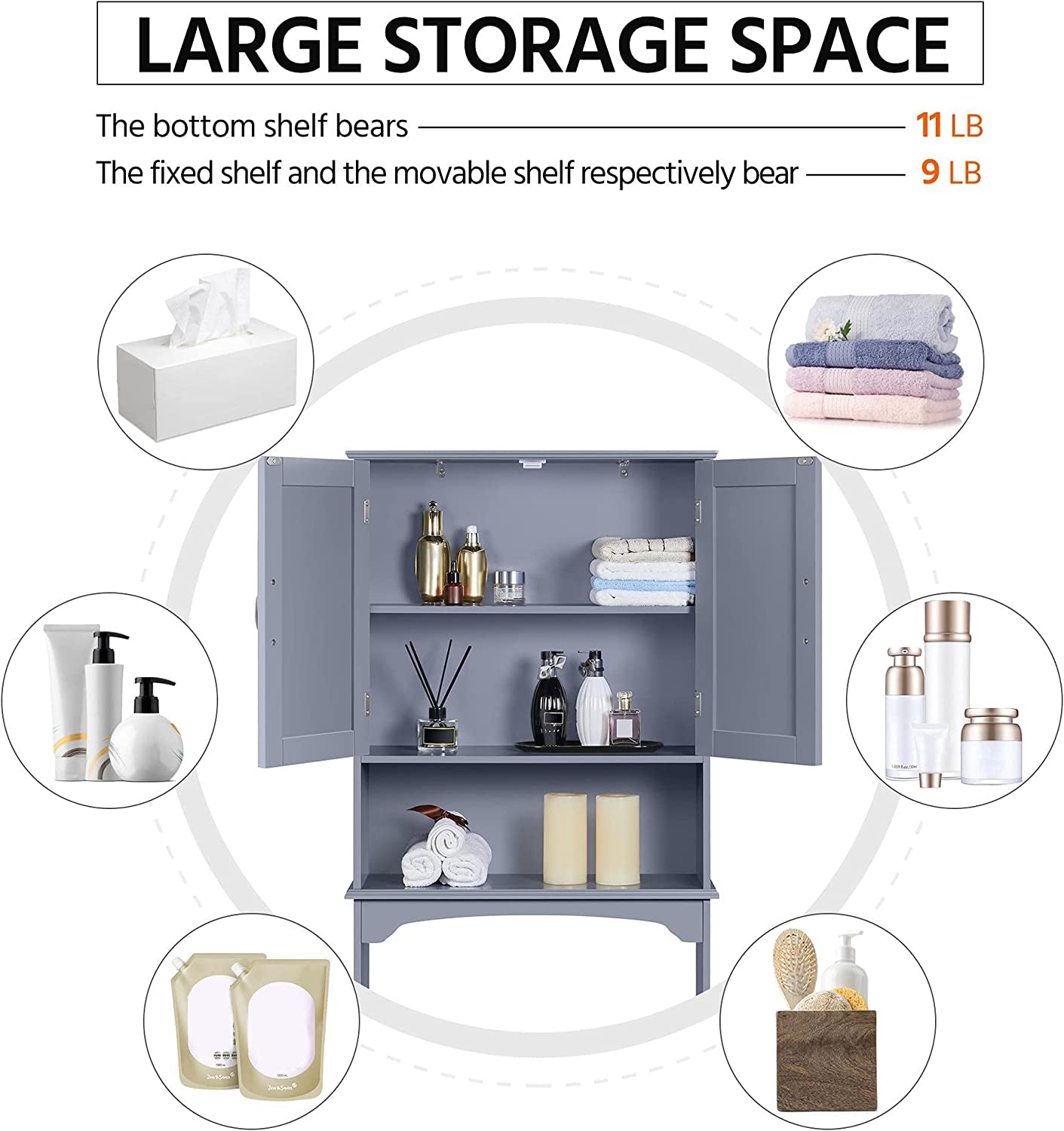 over the Toilet Bathroom Cabinet with 2 Doors & Adjustable Shelf, Free Standing Toilet Rack Space-Saving, L24.5Xw9Xh66 Inches, Grey
