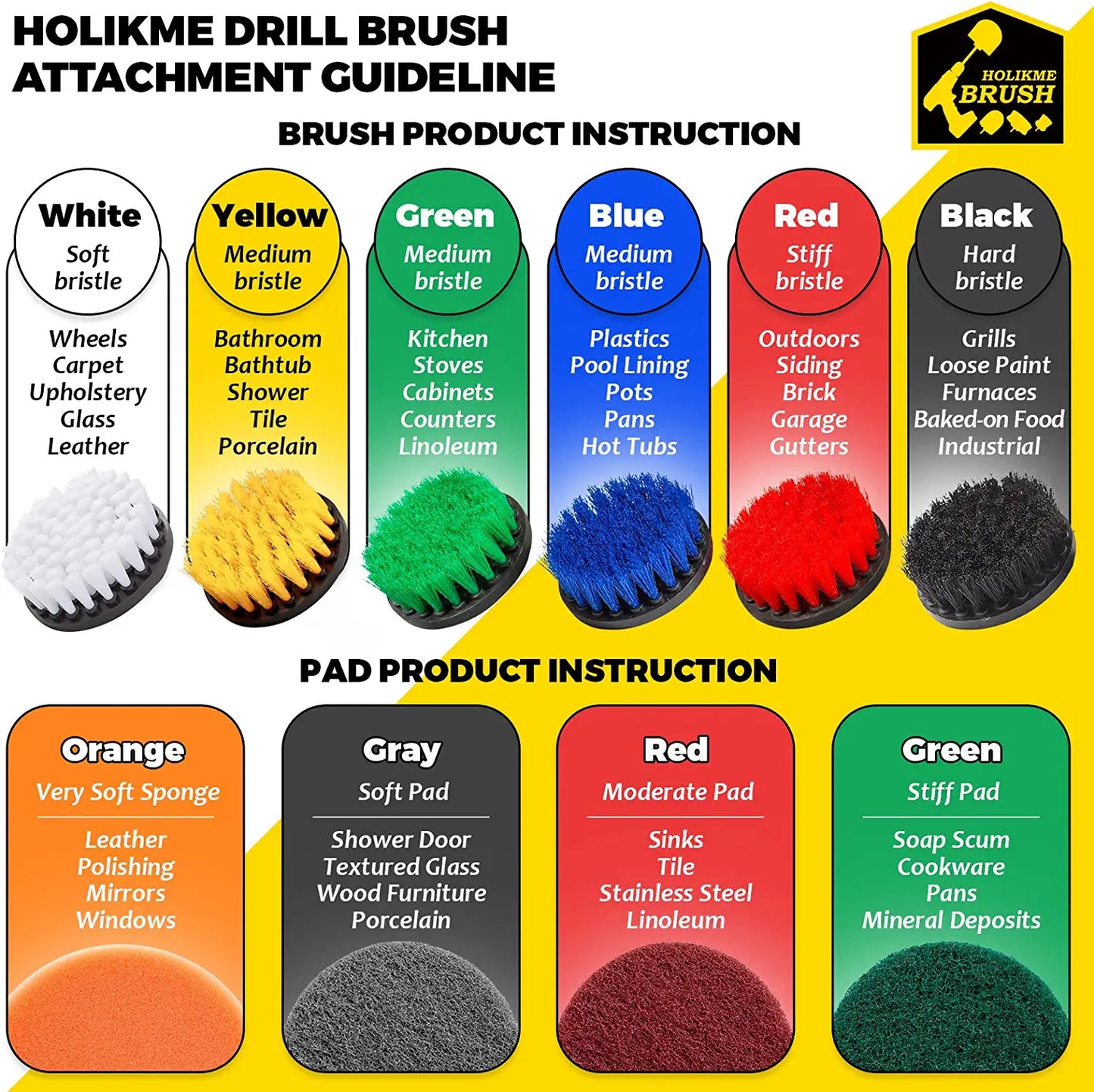 4Pack Drill Brush Power Scrubber Cleaning Brush Extended Long Attachment Set All Purpose Drill Scrub Brushes Kit for Grout, Floor, Tub, Shower, Tile, Bathroom and Kitchen Surface，Yellow