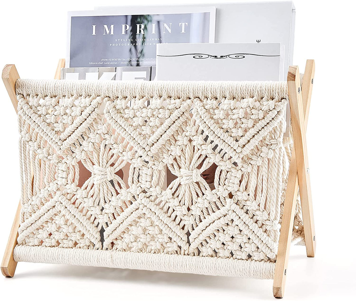Macrame Magazine Rack Boho Magazine Holder Storage Standing Basket for Books, Newspapers, Swaddle Blanket, Living Room, Bathroom, Office, Nursery, Home Decor, Medium Size, 14’’L X 10’’W