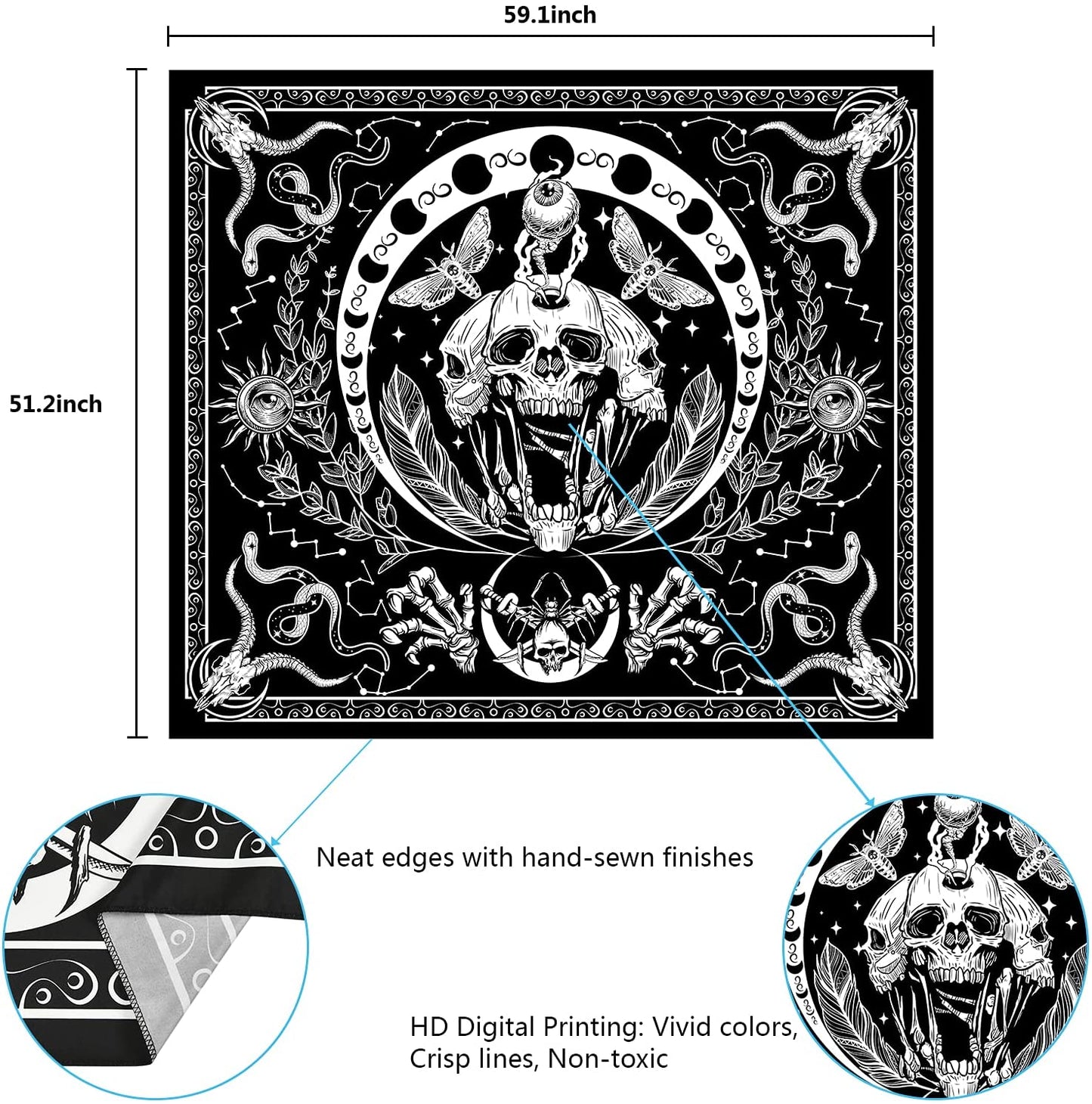 Skull Tapestry Black and White Tapestries Snake Tapestry Moth Tapestry Trippy Skeleton Tapestry Mandala Moon Phase Tapestry Wall Hanging for Room(51.2 X 59.1 Inches)