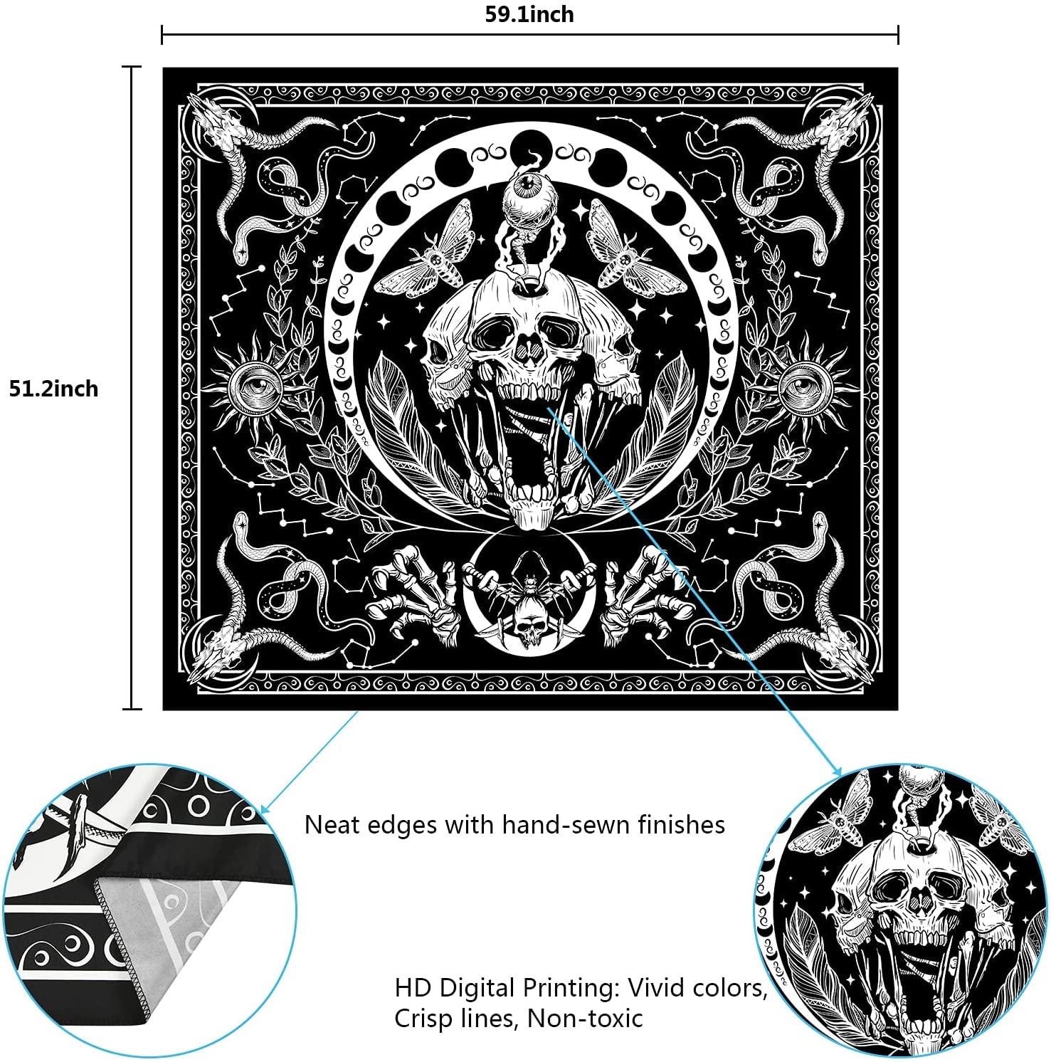Skull Tapestry Black and White Tapestries Snake Tapestry Moth Tapestry Trippy Skeleton Tapestry Mandala Moon Phase Tapestry Wall Hanging for Room(51.2 X 59.1 Inches)