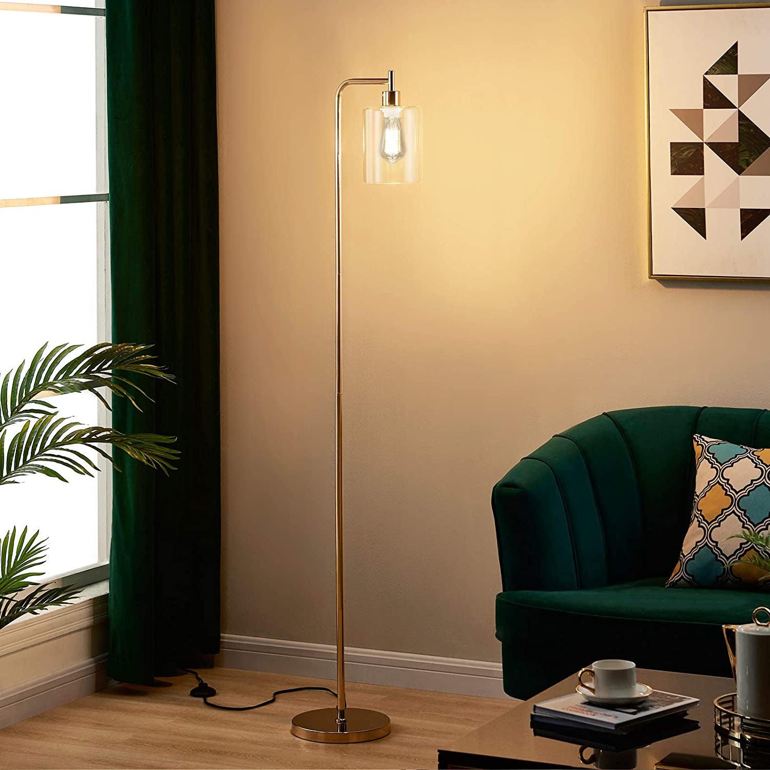 Gold Tall LED Floor Lamp Included Bulb, Modern Standing Lamp with Hanging Glass Shade, Farmhouse Indoor Simple Floor Lamp, Industrial Pole Light for Living Room, Bedroom, Office, Home Decor