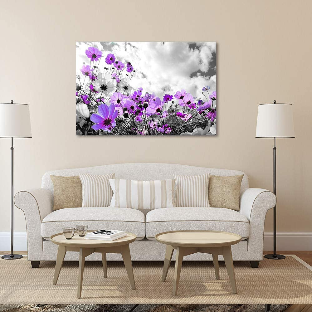 Canvas Wall a Rt Modern Purple Flowers Canvas Art Wall Decor Black and White Framed Galsang Floral Prints and Posters Wall Hanging Decorations Ready to Hang for Bedroom Bathroom
