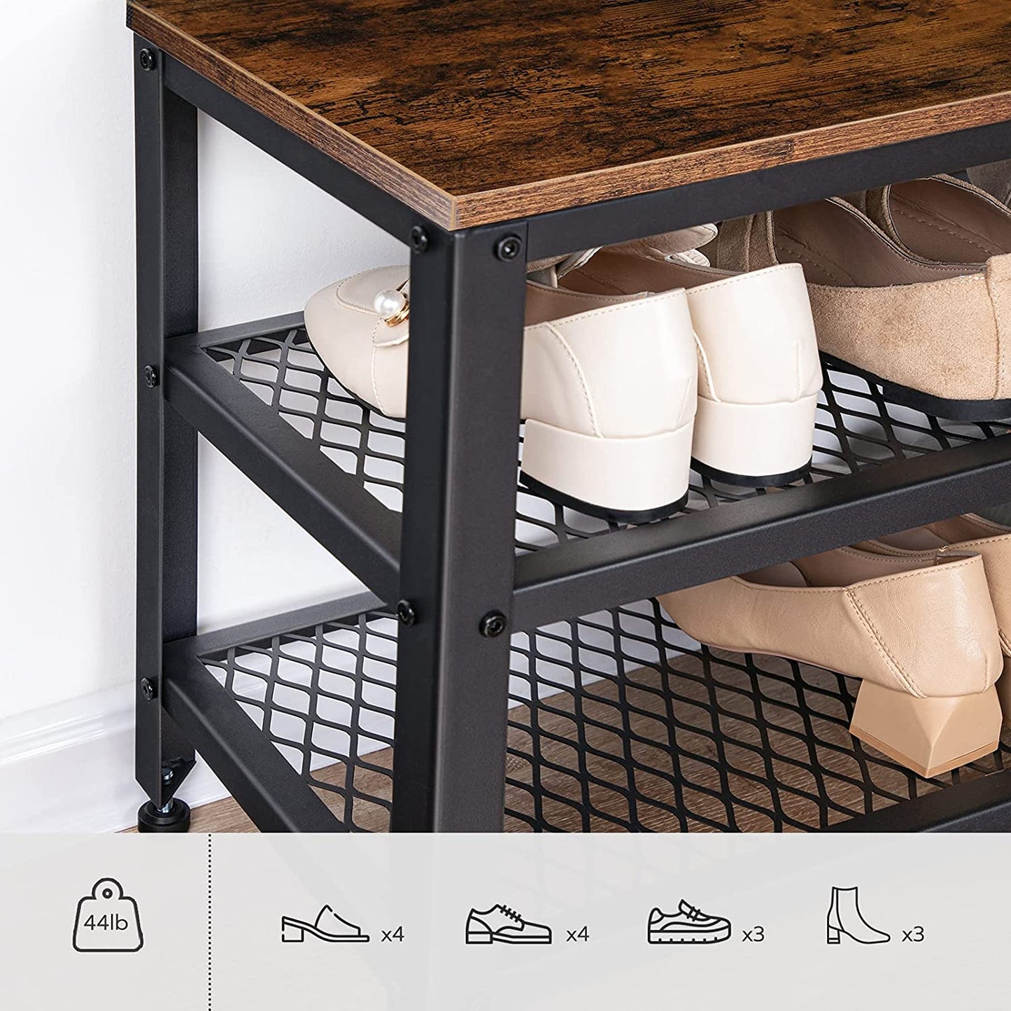 Coat Rack Shoe Bench, Hall Tree Entryway Storage Bench, Shoe Rack Organizer with Coat Hooks, 3-In-1 Design, Wood Furniture with Metal Frame, Rustic Brown and Black BF17MT01