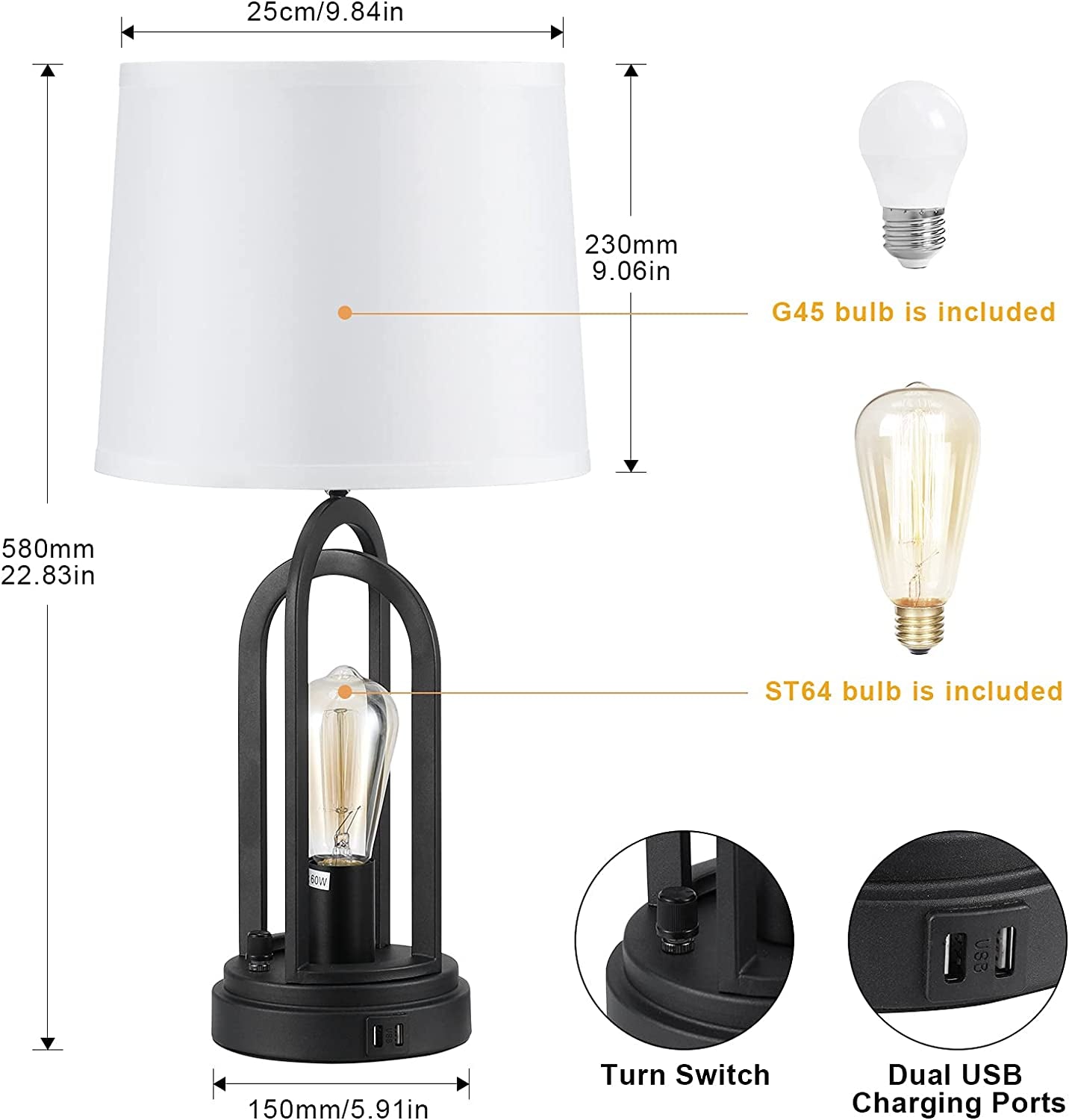 Farmhouse Table Lamps for Living Room Set of 2, Bedside Lamps with Dual USB Ports, 3-Way Brightness Retro Charging Lamp for Bedroom,  Industrial Nightstand Lamp with Nightlight (Bulbs Included)