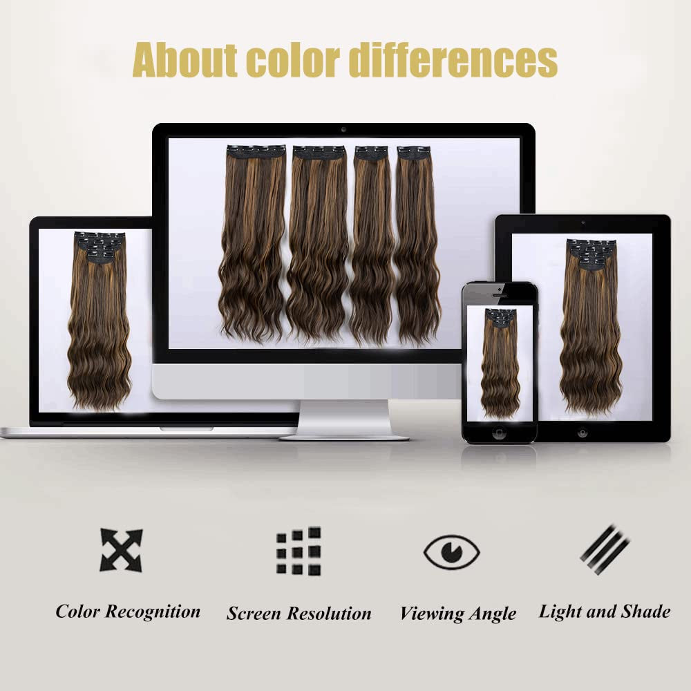 Clip in Hair Extensions 4Pcs Set Curly Wave 24 Inch Long Hair Extension Clip Ins Balayage,Wavy Hair Extensions for Women Synthetic Clip on Extension
