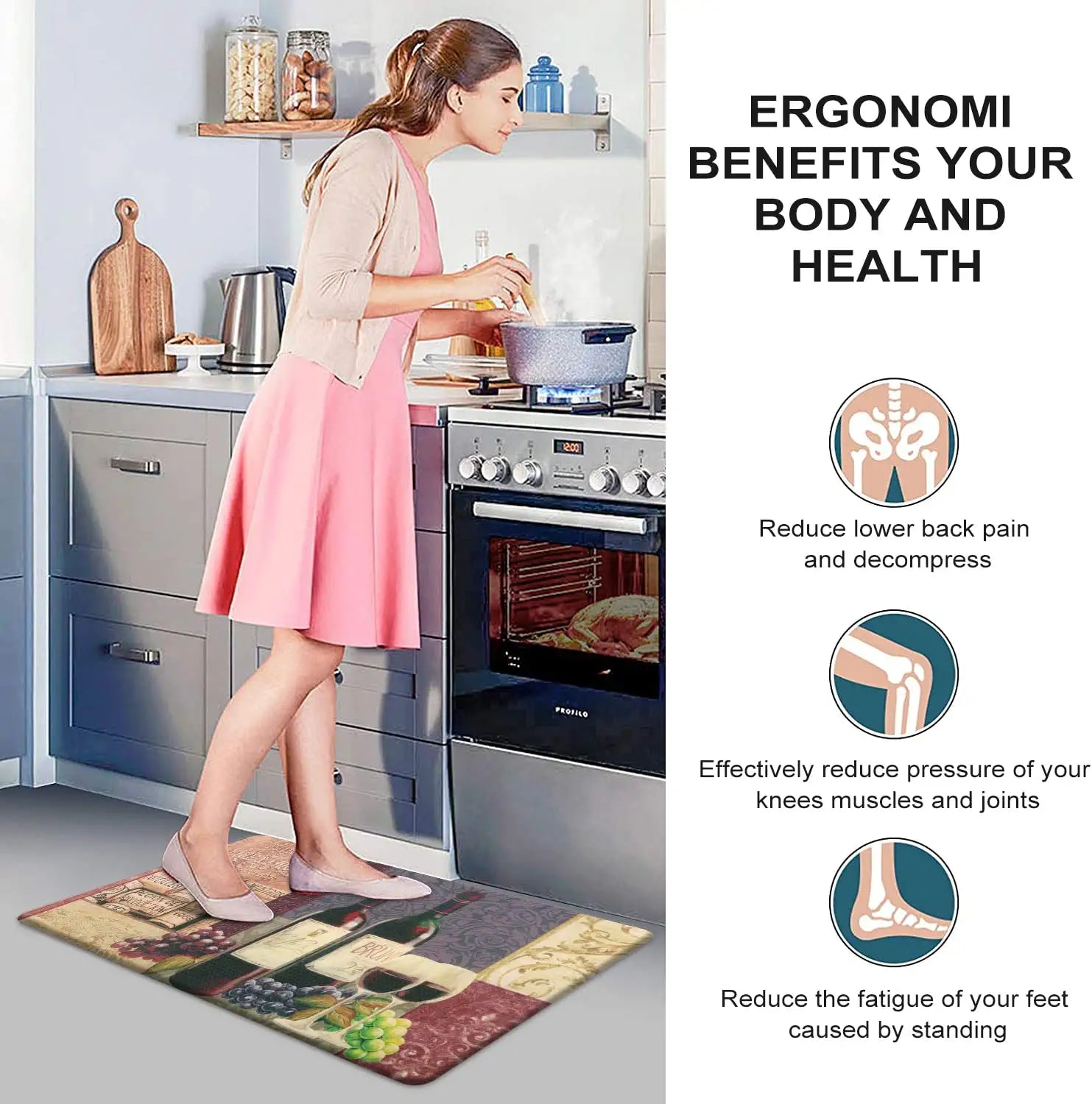 Kitchen Mat Set of 2 Cushioned anti Fatigue Mat, Wine Print Cushioned Kitchen Rug 18"X59"+18"X30", Waterproof Non Slip Comfort Kitchen Mats for Floor, Memory Foam Kitchen Rugs and Mats