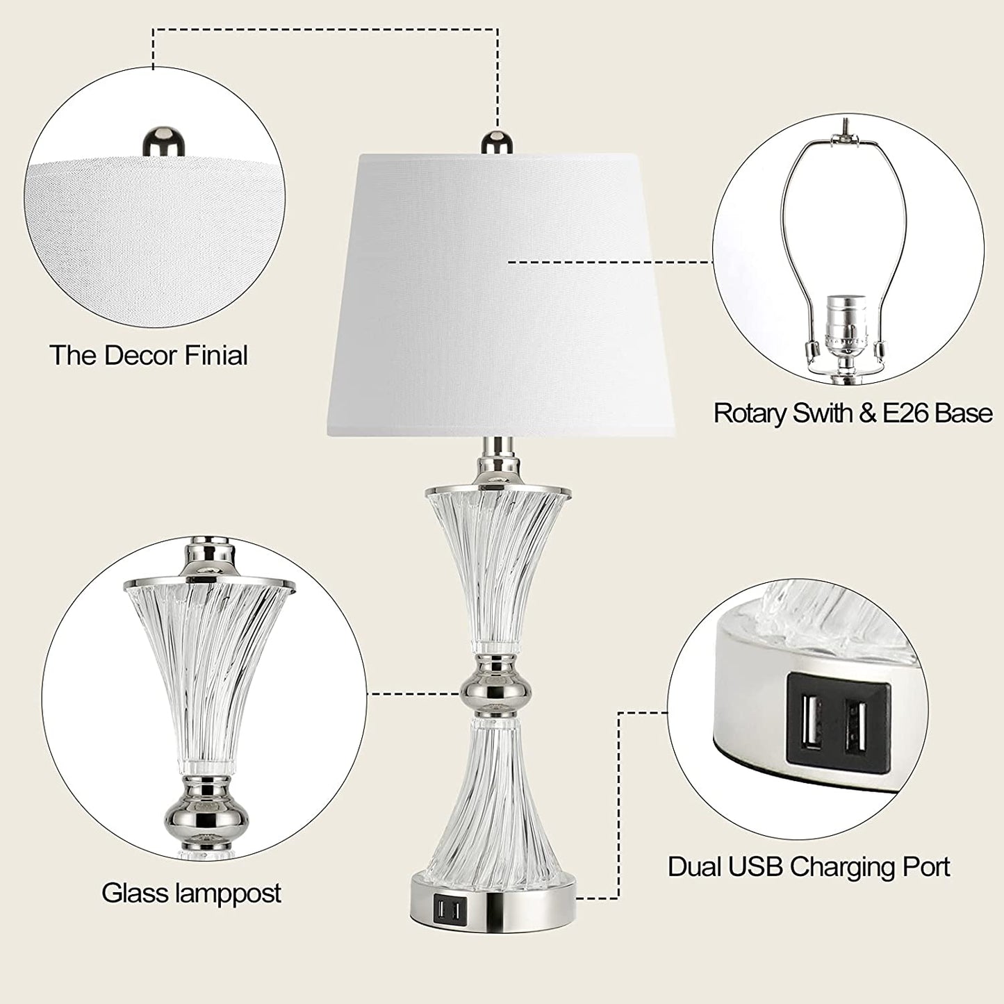 Touch Control Table Lamp for Bedrooms 3 Way Dimmable White Drum Shade Modern Bedsides Nightstand Lamp Set of 2 with 2 USB Charging Port(Bulbs Included)