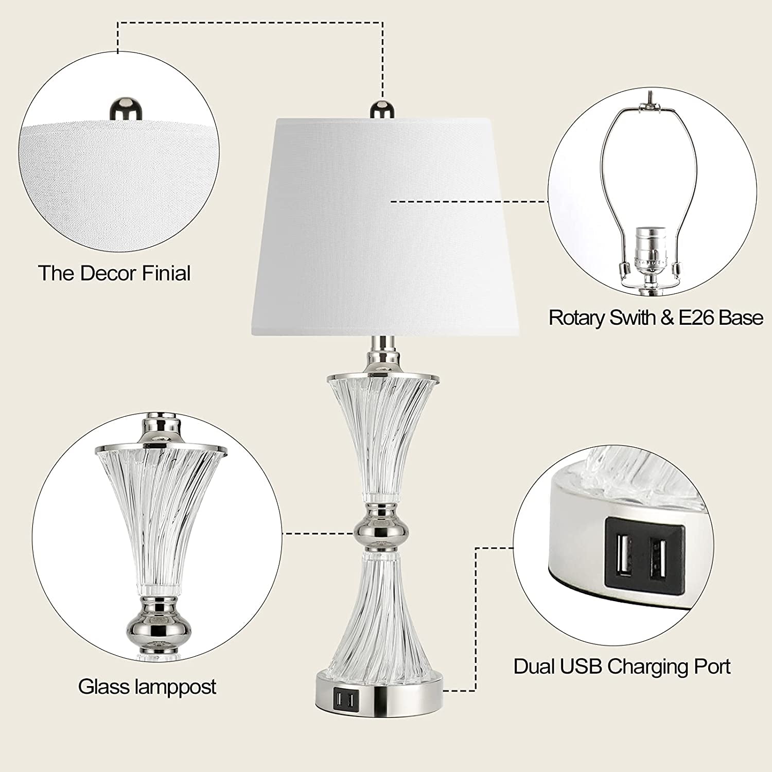 Touch Control Table Lamp for Bedrooms 3 Way Dimmable White Drum Shade Modern Bedsides Nightstand Lamp Set of 2 with 2 USB Charging Port(Bulbs Included)