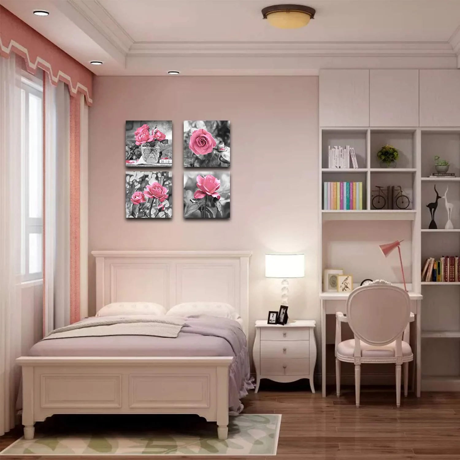 4 Panel Pink Rose Flower Wall Art Paintings Wall Art Paintings Floral Prints on Black and White Canvas Wall Decoration Framed for Bathroom Bedroom Decor Artwork 14X14 Inch