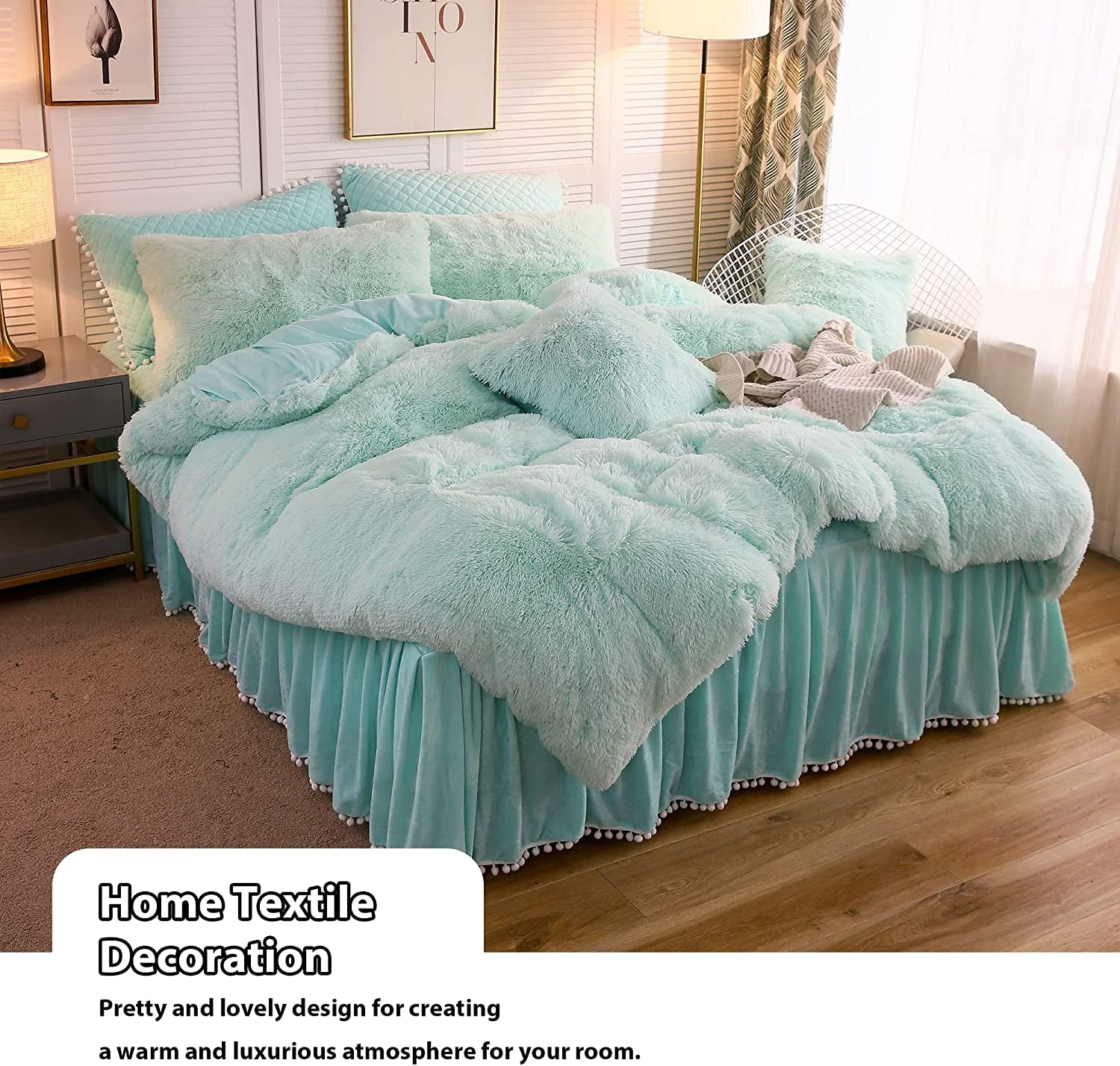 2 Pack Faux Fur Pillow Shams,Shaggy Plush Home Decorative Luxury Series Super Soft Furry Pillow Case with Zipper Closure for Home Sofa Couch Decoration,Standard Queen(Mint,20"X26")