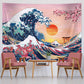 The Great Wave Tapestry Japanese Ocean Wave Wall Decorations Cherry Blossom Tree Backdrop Sunset Tapestry Wall Hanging Kanagawa Tapestry for Japanese Party Home Decorations (59 X 78.7 Inch)