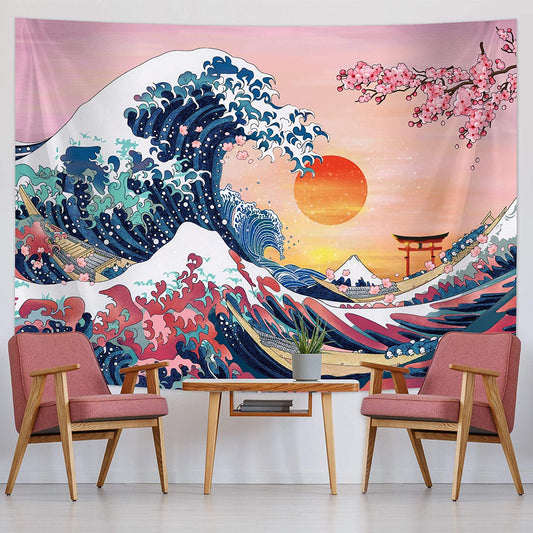 The Great Wave Tapestry Japanese Ocean Wave Wall Decorations Cherry Blossom Tree Backdrop Sunset Tapestry Wall Hanging Kanagawa Tapestry for Japanese Party Home Decorations (59 X 78.7 Inch)