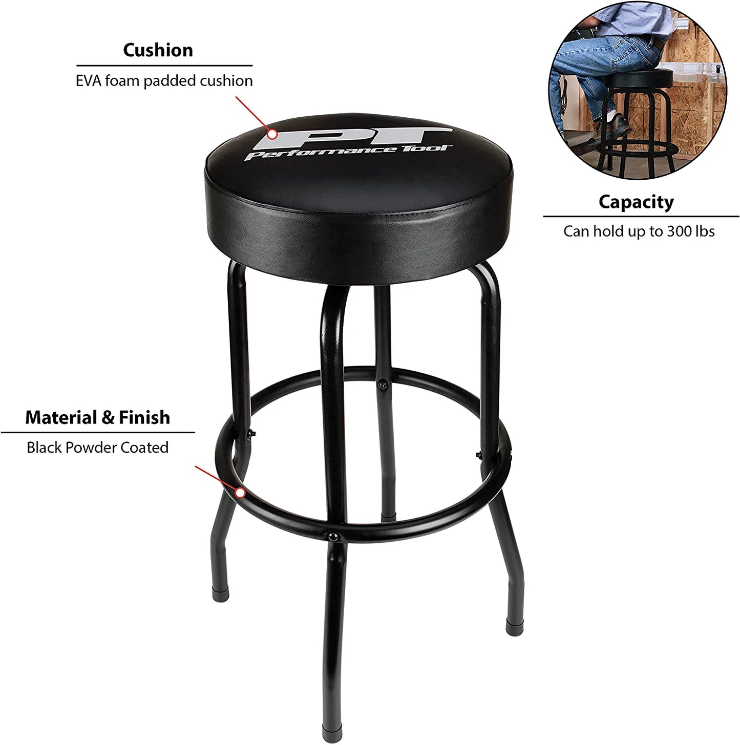 W85010 Swivel Seat Bar Stool for Mechanic Garages and Workshops, Black, 0.6X9.8X5.8 Inches