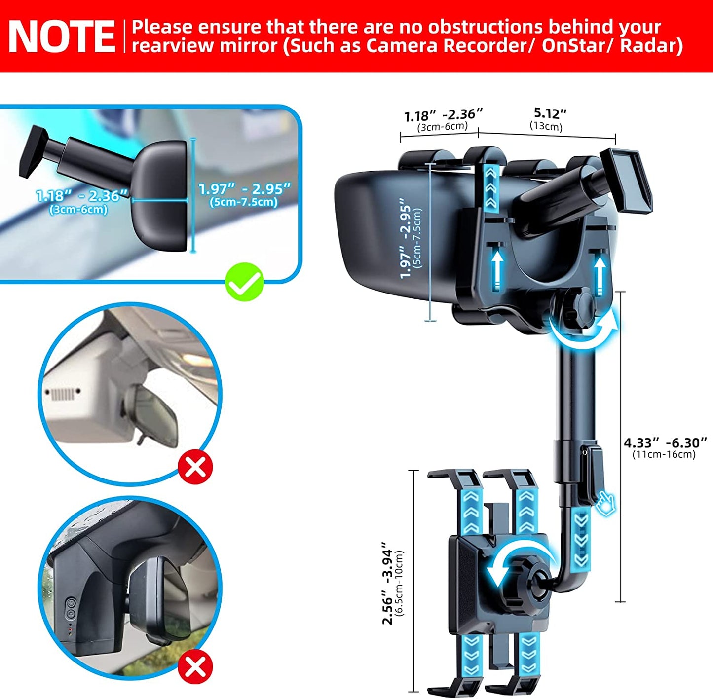 Phone Mount for Car, 360°Rotatable and Retractable Car Phone Holder Mount Multifunctional Rearview Mirror Phone Holder Car Adjustable Cell Phone Holder for Iphone 13 12 11 Pro Max XR All Smartphones