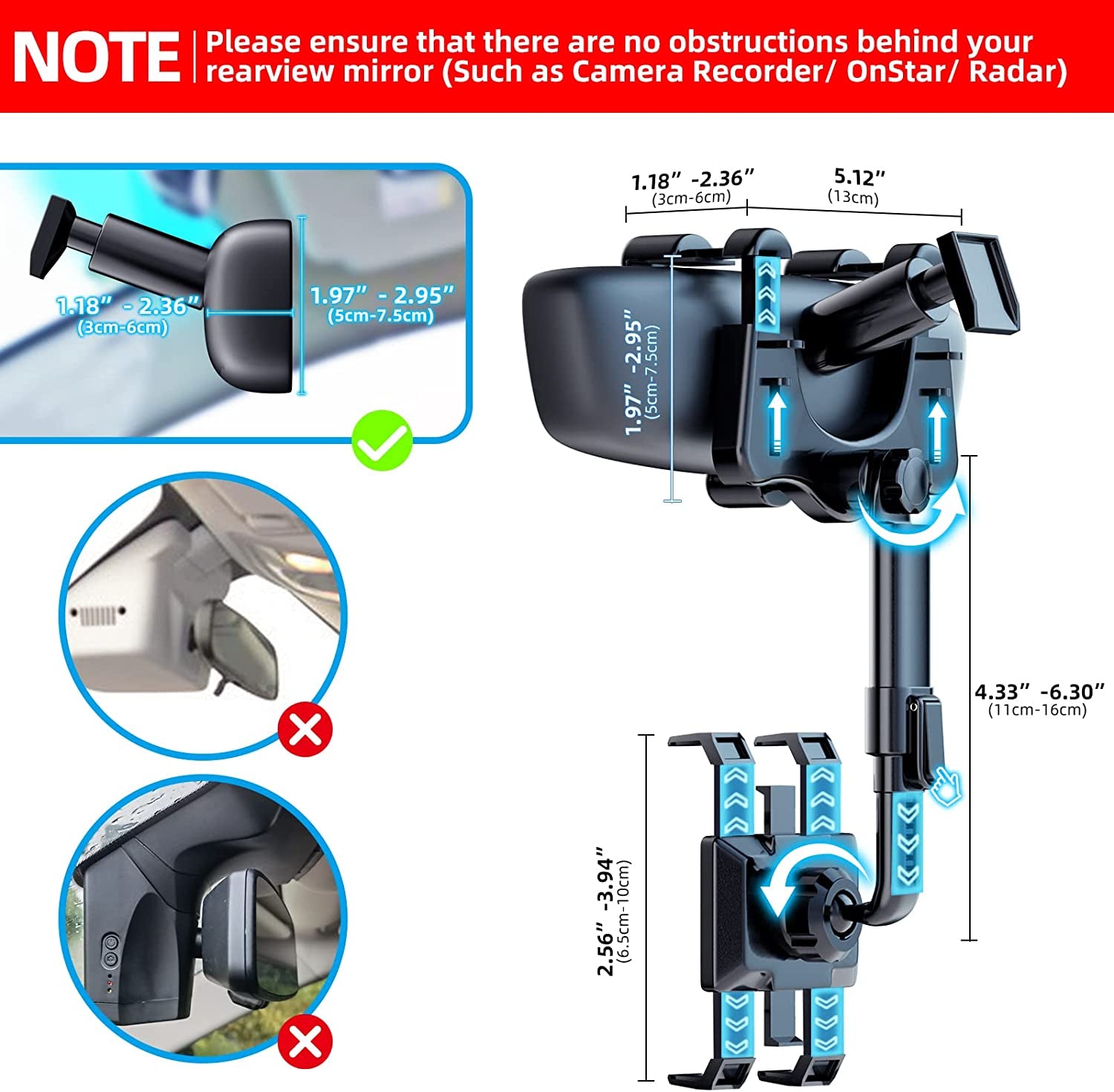 Phone Mount for Car, 360°Rotatable and Retractable Car Phone Holder Mount Multifunctional Rearview Mirror Phone Holder Car Adjustable Cell Phone Holder for Iphone 13 12 11 Pro Max XR All Smartphones