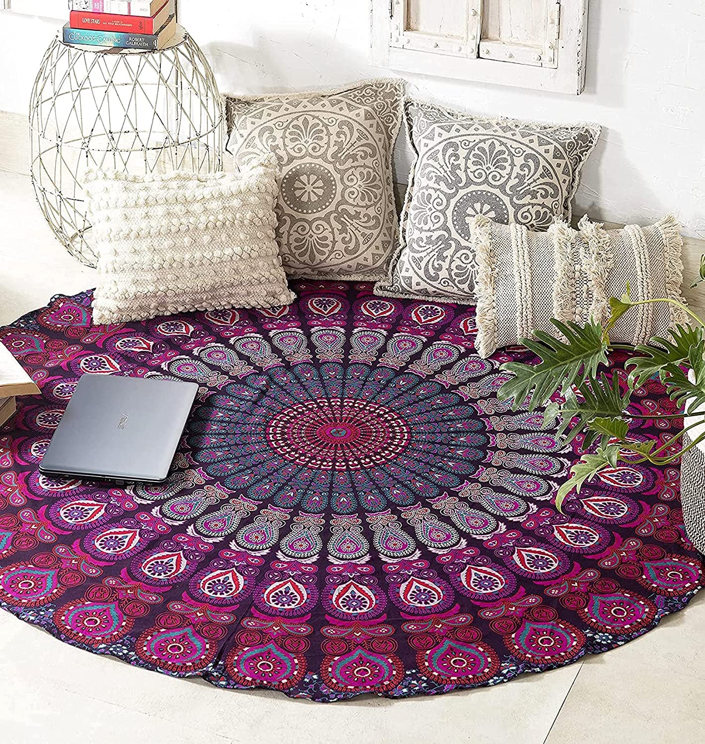 round Beach Tapestry Purple Mandala Throw/Boho Hippie Beach Blanket Roundie/Indian Cotton Bohemian Large round Table Cloth-Home Decor/Yoga Mat Meditation Picnic Rug 69 Inch