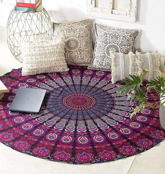 round Beach Tapestry Purple Mandala Throw/Boho Hippie Beach Blanket Roundie/Indian Cotton Bohemian Large round Table Cloth-Home Decor/Yoga Mat Meditation Picnic Rug 69 Inch