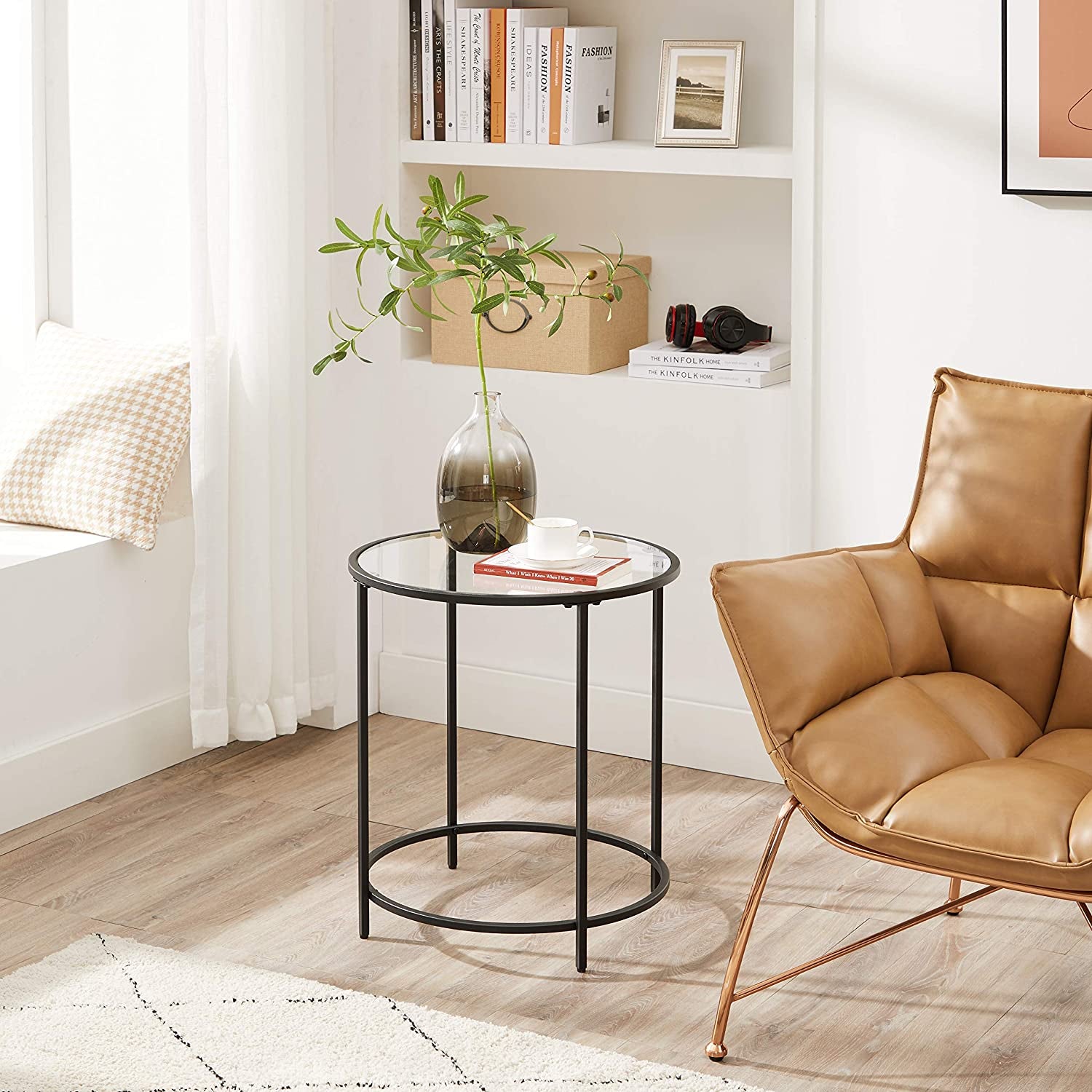 round Side Table, Glass End Table with Metal Frame, Small Coffee Accent Table, Bedside Table, Modern Style, for Living Room, Balcony, Bedroom, Black ULGT020B01