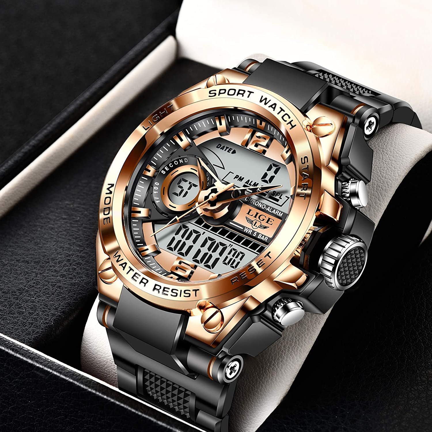 Men'S Digital Outdoor Sports Watch,Military Large Face Dial 50M Waterproof Electronic Multi Function Wrist Watches for Men Tactics LED Alarm Stopwatch