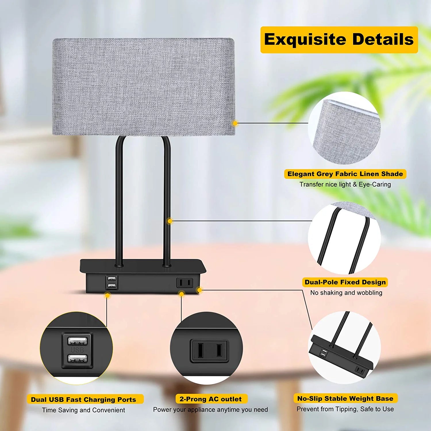 Set of 2 Touch Control 3-Way Dimmable Table Lamp with 2 USB Ports &1 AC Outlet, Modern Bedside Nightstand Lamps with Fabric Shade, Desk Lamps for Bedroom Living Room Grey, Bulbs Included