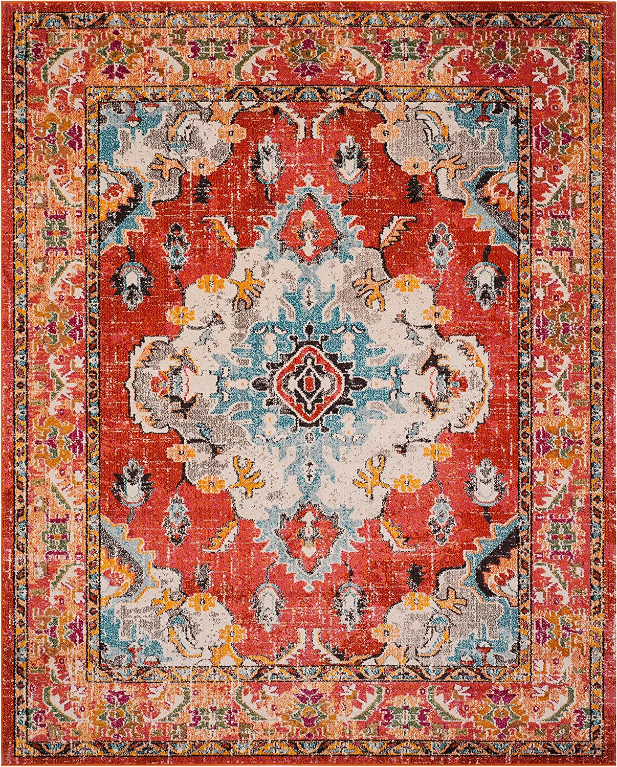 Monaco Collection 8' X 10' Orange Light Blue MNC243H Boho Chic Medallion Distressed Non-Shedding Living Room Bedroom Dining Home Office Area Rug