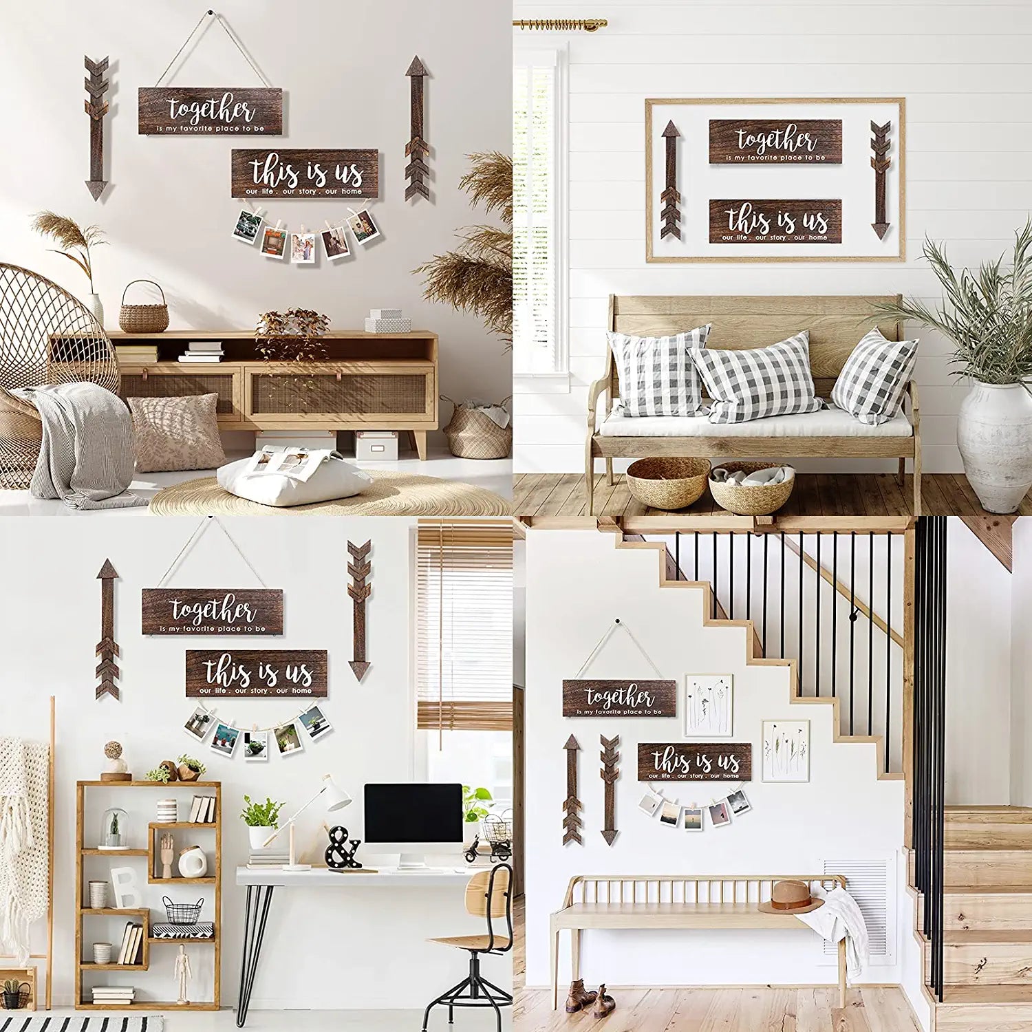 4Pcs Farmhouse Rustic Wall Decor Signs, This Is Us Wooden Wall Art Sign, Together Hanging Wooden Sign and 2Pcs Wood Arrow Signs for Housewarming Gift Home Decor Living Room Bedroom Wall Decor
