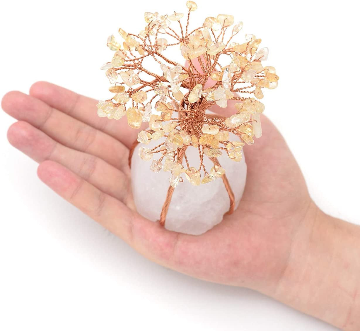 Chakra Healing Yellow Crystals Copper Tree of Life Wrapped on Natural Clear Quartz Crystal Base Feng Shui Luck Figurine Decoration