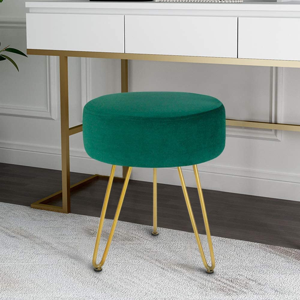 round Velvet Footrest Stool Ottoman Modern Foot Stool with 3 Golden Metal Leg, for Dressing Table Stool, Shoes Bench in Living Room Bedroom