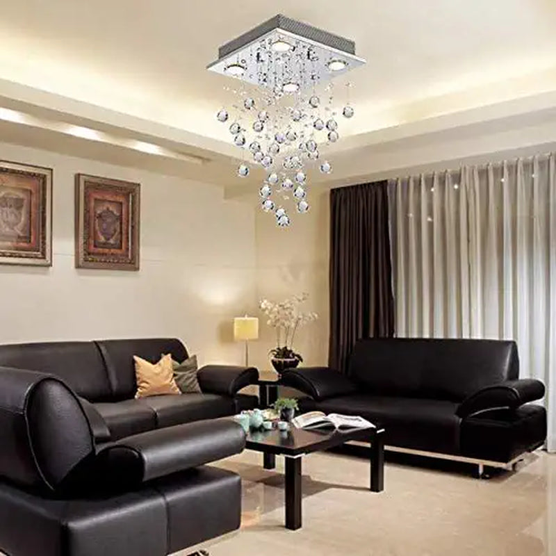 Bestier Modern Crystal Square Raindrop Chandelier Lighting Flush Mount LED Ceiling Light Fixture Pendant Lamp for Dining Room Bathroom Bedroom Livingroom 4 GU10 Bulbs Required 12 in Wide 20 Inch High