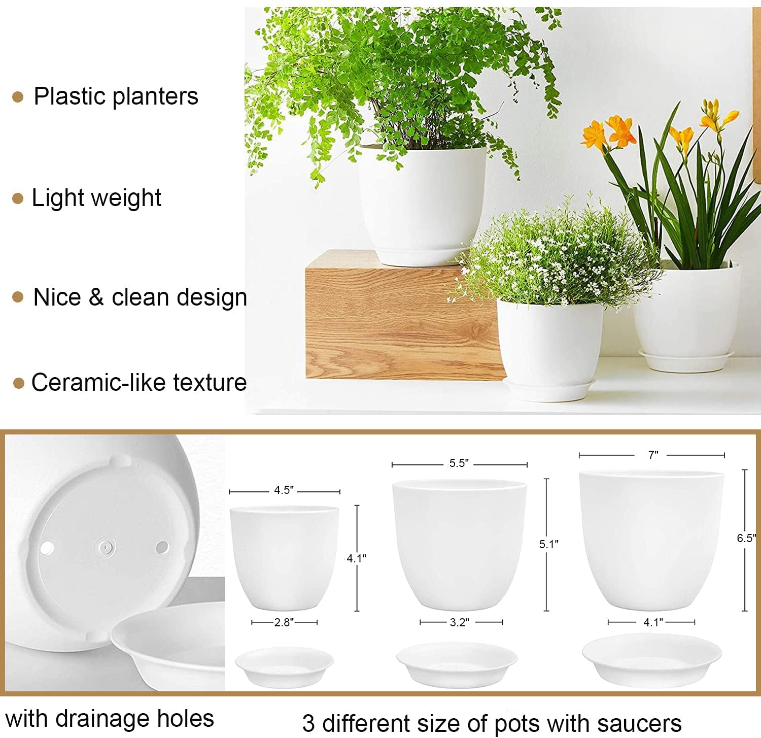3 Pack Macrame Plant Hangers with Pots Hanging Planters for Indoor Plants Holders with Trays & Hooks 34" / 26" / 20"
