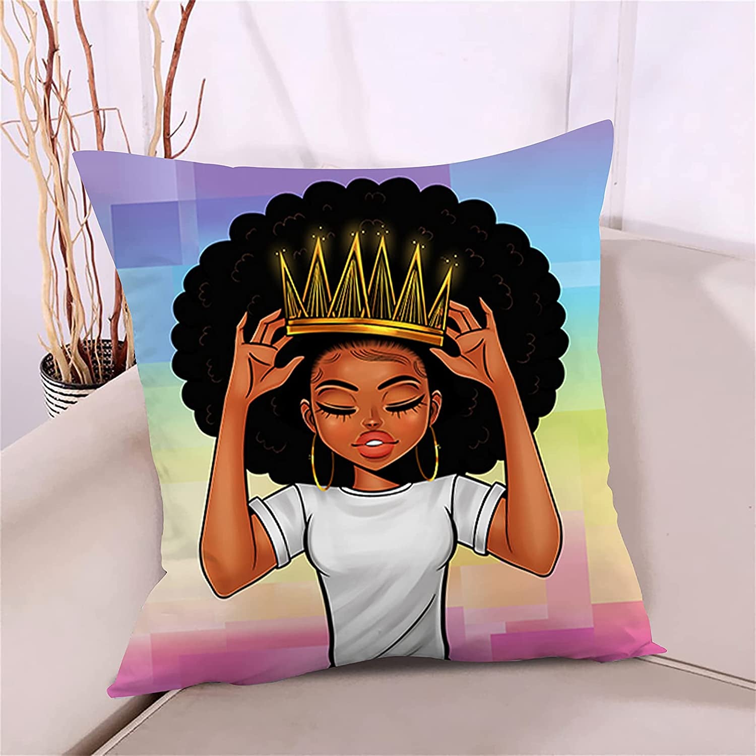 Plush Pillow Cases Black Girl Magic Throw Pillow Covers for Girls,African American Women Girl with Crown Pillowcase,Afro Girls Black Queen Princess Cushion Cover Cases,Pink Colorful ,18 X 18 Inch