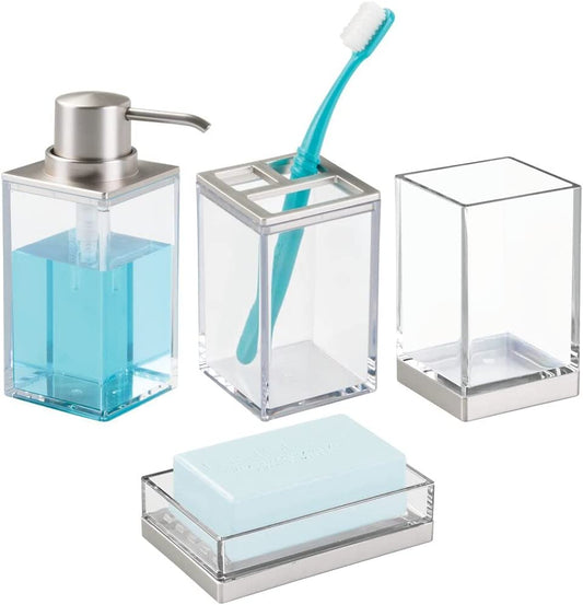Mdesign Plastic Bathroom Vanity Counter Organizers, Dispenser Pump, Toothbrush Stand, Storage Jar, Soap Dish, for Cotton Swabs, Toothpaste, Makeup, Lumiere Collection, Clear/Brushed Chrome