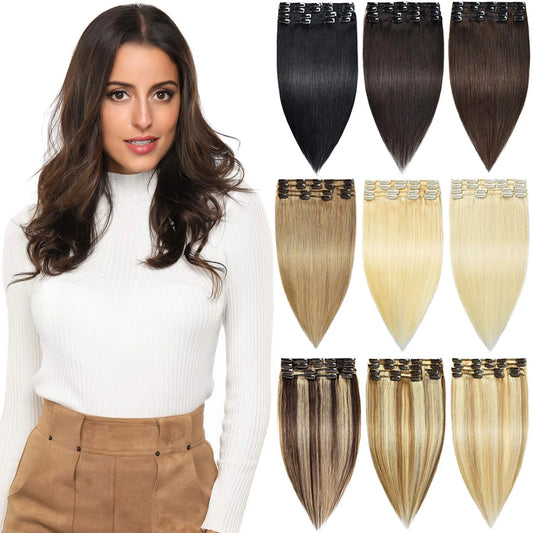 ROSEBUD Clip in Hair Extensions REMY Human Hair 8Pcs 18 Clips 65G/Set 14 Inch