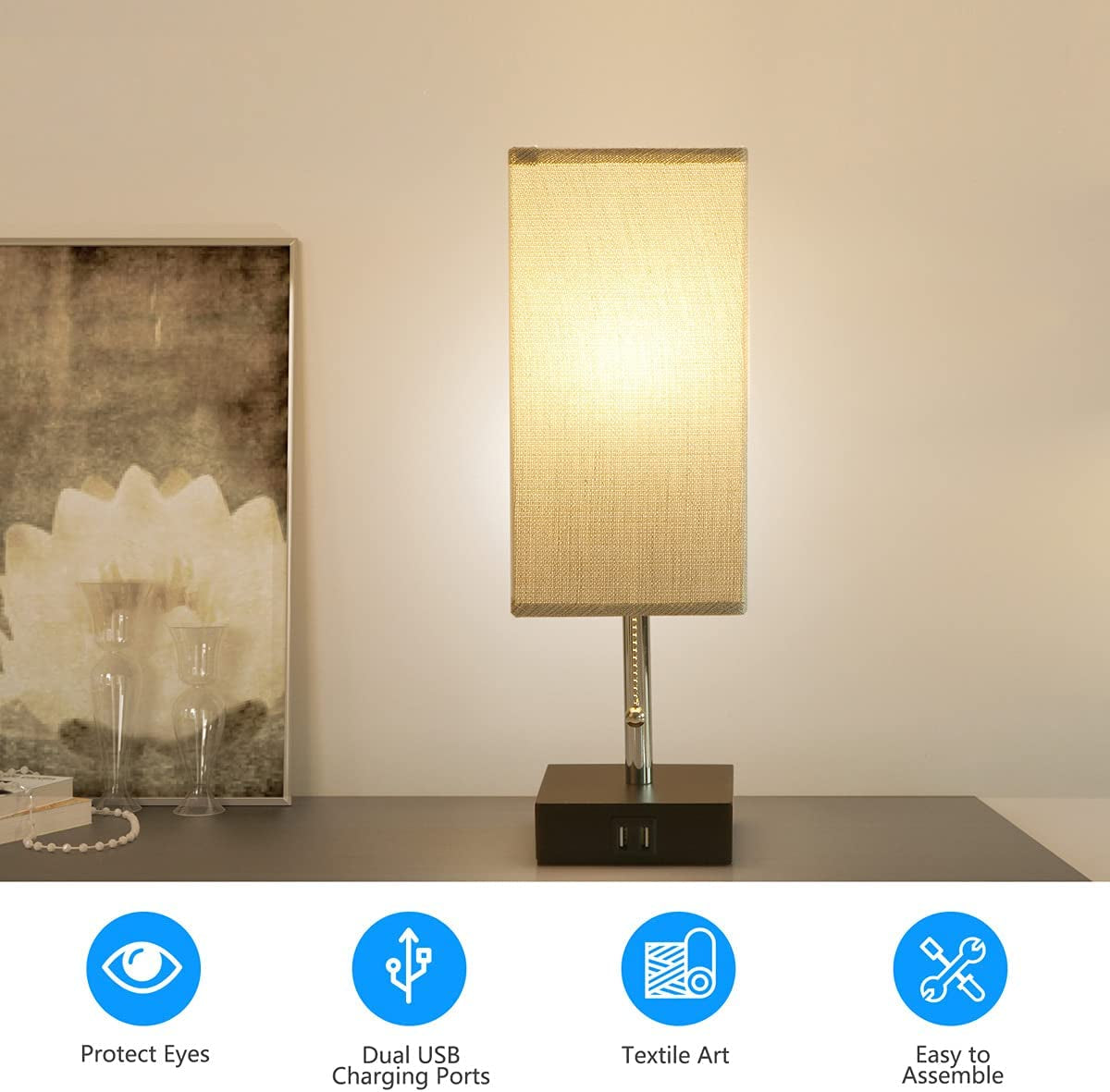 Bedside Table Lamp - Pull Chain Table Lamp with 2 USB Charging Ports, Solid Bedroom Lamps with Gray Fabric Shade Nightstand Light for Living Room, Office, Reading (LED Bulb Included)