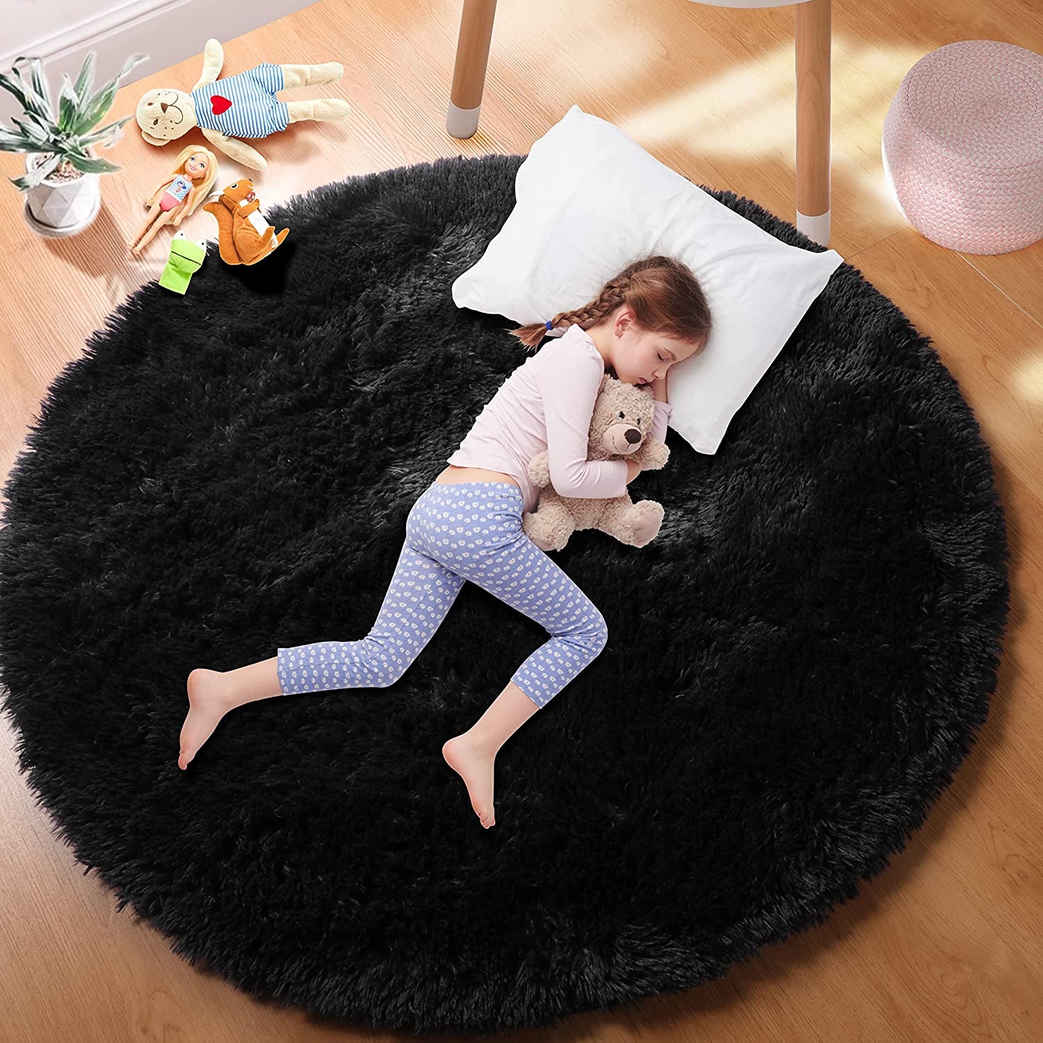 4X4 Area Rug round Black Rug Circle Rugs for Kids Bedroom Fluffy Carpets and Shaggy Rugs Small Teepee Furry Mat Comfy Reading Rug Circular Rug,Rugs for Girls Boys Room