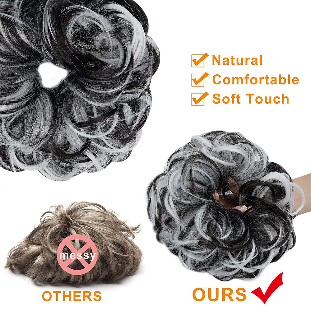 Hair Bun Extensions Messy Curly Hair Scrunchies Hairpieces Synthetic Donut Updo Hair Pieces for Women Girls 1PCS Natural Black Mix White