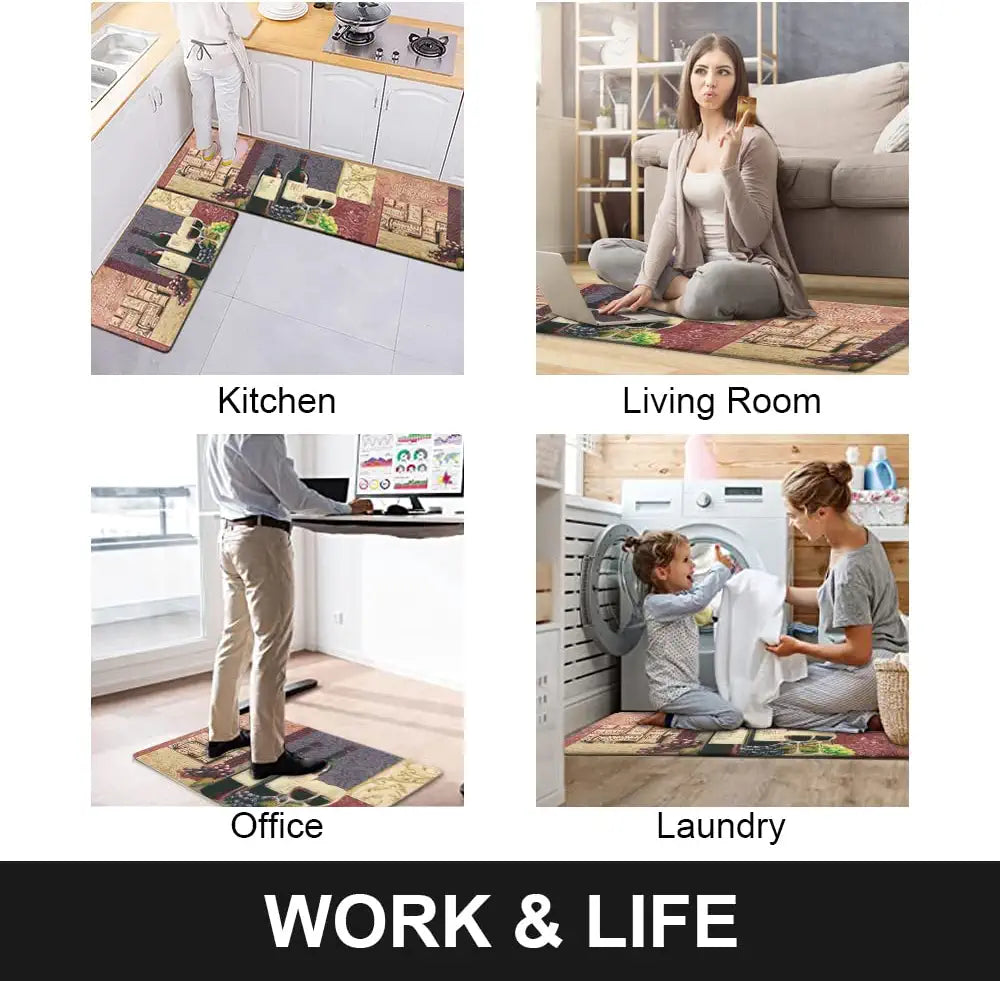 Kitchen Mat Set of 2 Cushioned anti Fatigue Mat, Wine Print Cushioned Kitchen Rug 18"X59"+18"X30", Waterproof Non Slip Comfort Kitchen Mats for Floor, Memory Foam Kitchen Rugs and Mats