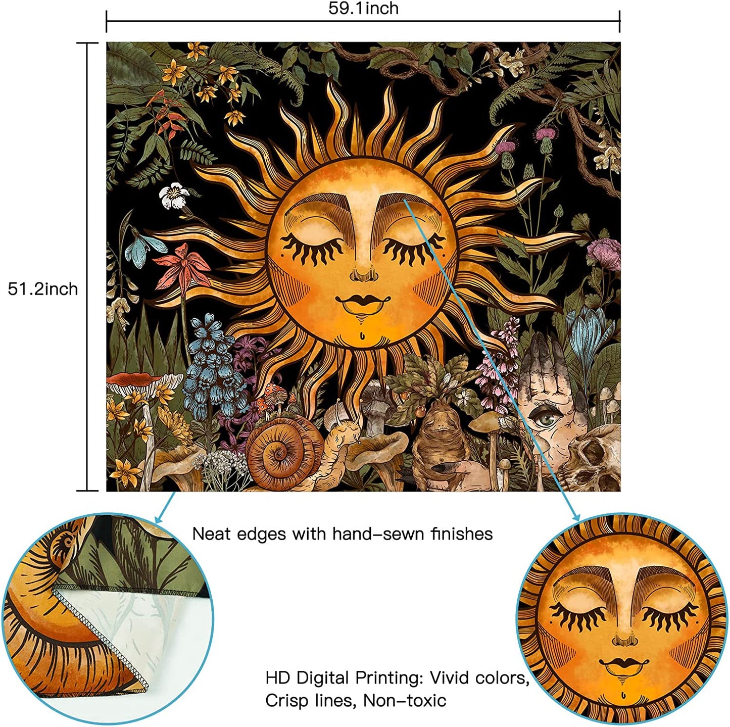 Burning Sun Tapestry Vintage Floral Tapestry Plants and Leaves Tapestries Mystic Hippie Tapestry Snail and Skull Tapestry Wall Hanging for Room(51.2 X 59.1 Inches)