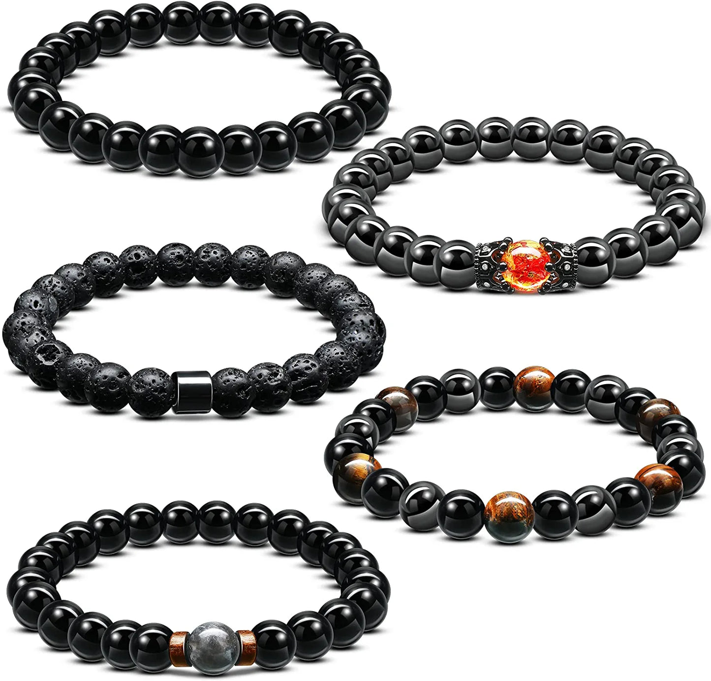 5 Pieces Adjustable Stretch Beads Bracelet Black Elastic Bracelets Therapy Lava Rock Bracelets Tiger'S Eye Stone Magnetic Hematite Jewelry Triple Protection Positive Energy Bracelet for Men Women